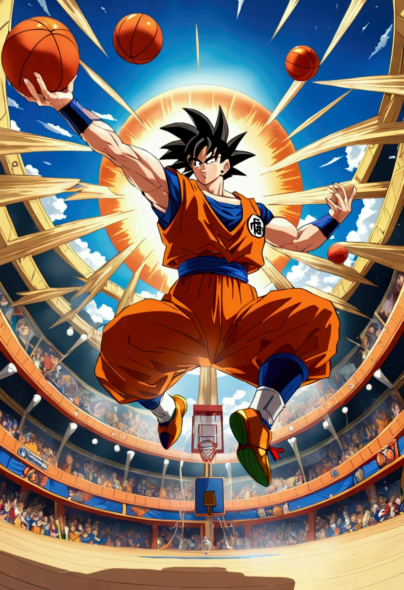 ((Masterpiece, top quality, high resolution)), ((highly detailed CG unified 8K wallpaper)), (stunning muscles god shot, so macho, jaw dropping beauty,super proportions, muscle body, macho body:0.8)(Son Go Ku from Dragon Ball:1.8) (playing basketball doing slam dunk(ball in hand))((jumping and throwing the ball to the ring)) two hands on the ball, thirty degrees left view, view from below, fire flames trail behind the hands, epic stance, iconic slamdunk stance, wide lens viewer, super detailed, long shot, fish eye lens, best quality wallpaper, 8k, absurdity, expressive realism, perfect lightness, dunk like nebula explosion