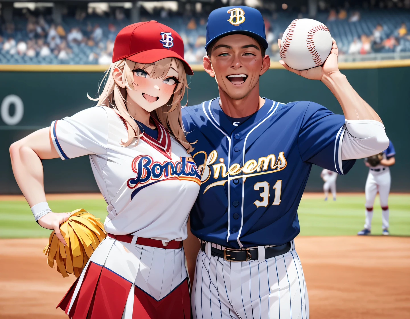 masterpiece, best quality, very aesthetic, absurdres, 
Baseball Player, (Baseball player and cheerleader in a two-shot photo), Baseball players in uniforms, cheerleaders with bonbons, In a baseball stadium