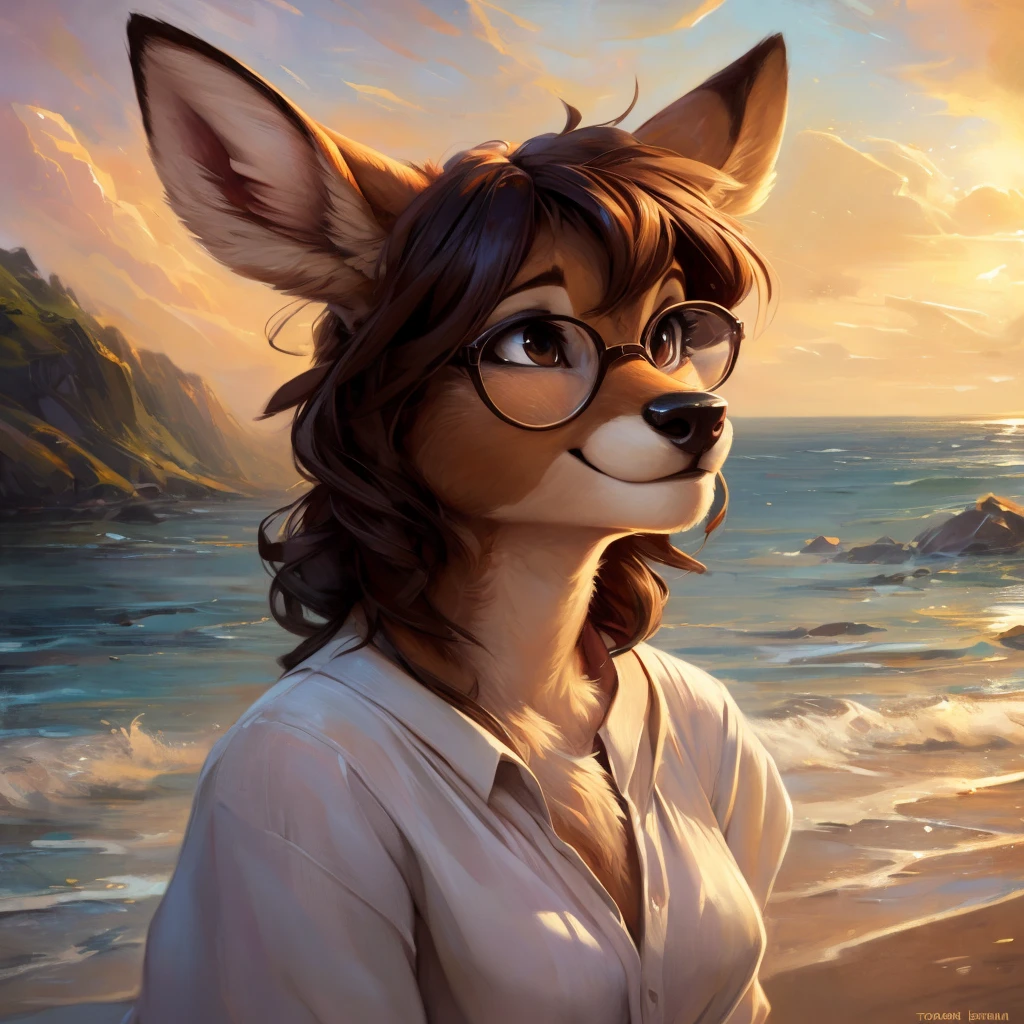 uploaded on e621, by Pixelsketcher, by Bayard Wu, by Thomas Benjamin Kennington , by Einshelm, by hioshiru and kenket, Chunie, portrait, solo anthro female deer doe, with small featureless breasts, clear dark blue, cinematic lighting, day, sunny day, beach, stays in the sea, sea background, mediterranean background, horizon background, shiny, short curly dark brown hair, wears big black nerd glasses, very very beautiful furry art, furry art, smiling, joyful, shiny, happy, feminine, cute face, muzzle, fluffy chest, flawless face, Fallow deer, 1girl, Sakimichan is beautiful, Masterpiece, Wavethesallow Face, shiny, Detailed image, portrait, Detailed image, portrait, full body, wearing wide, long, white blouse, shiny, realistic face, perfect anatomy, hourglass body, (furry body:1.1), anthropomorphic deer, small fluffy tail, detailed background, (cute anatomy:1.1), windy, smiling, very happy, happy