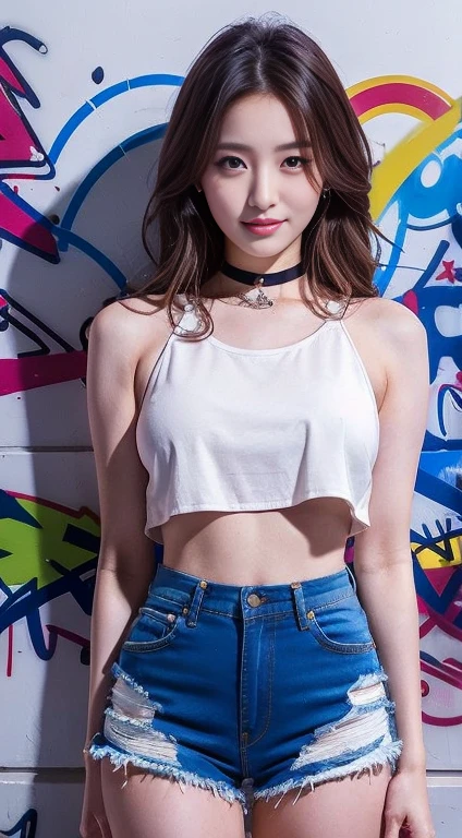 arafed asian woman in a white tank top and denim shorts, korean girl, gorgeous young korean woman, beautiful south korean woman, korean women's fashion model, korean idol, full body xianxia, photo of slim girl model, beautiful young korean woman, beautiful girl model, sexy girl, gorgeous chinese model, instagram model, crop top, beautiful model girl