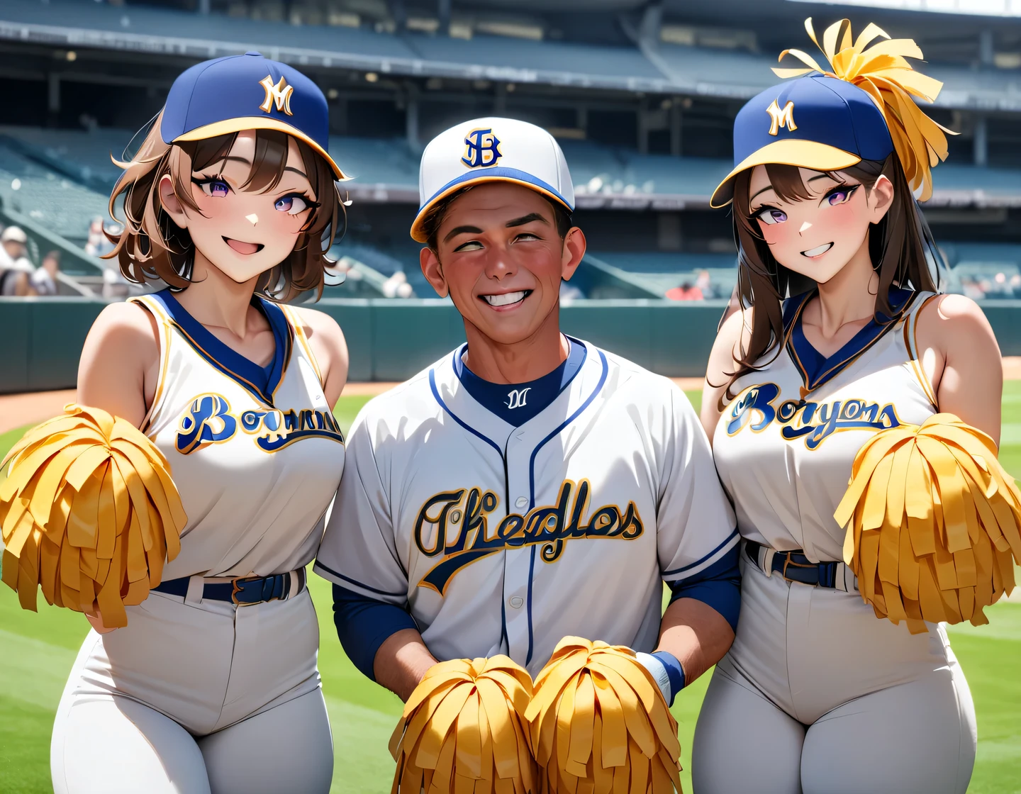 masterpiece, best quality, very aesthetic, absurdres, 
Baseball Player, (Baseball player and cheerleader in a two-shot photo), Baseball players in uniforms, cheerleaders with bonbons, In a baseball stadium