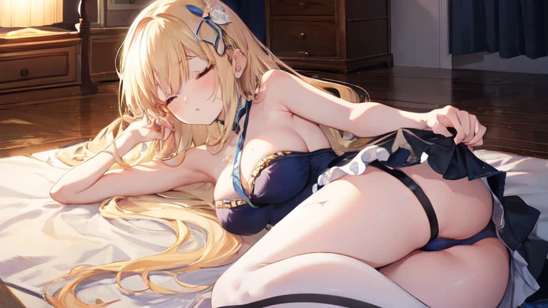 best quality，Super detailed，Perfect limbs，floor、mini skirt，Swimsuit，Bright，one person，blond，Sexy、Deep sleep、long hair、Stockings，Clothes with intricate details