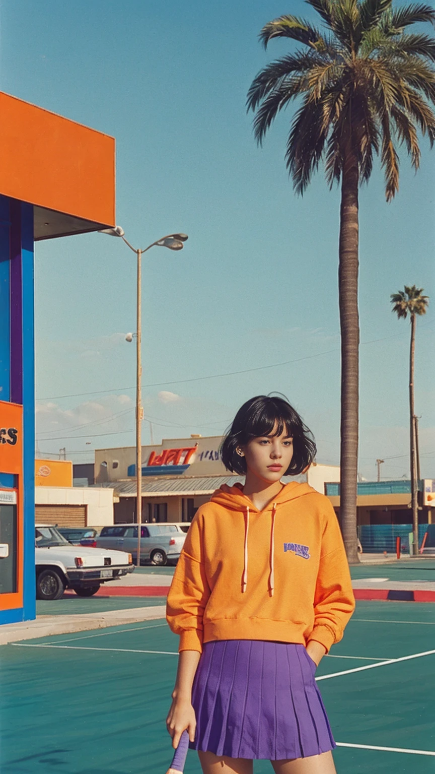 (medium shot portrait) of cute 23 yo girl ,wear ((orange color oversized_hoodie)), wear ((purple tennis skirt)),looking front,Best Quality,Masterpiece,Ultra High Resolution,(Realisticity:1.4),Original Photo, 1Girl, light leak,ultra high resolution,UHD,beautiful, (black bob hair), almond eye, no makeup, in front of ((80's los angels gas station)), (realistic:1.2), (surreal:1.3), (very detailed:1.1), ((masterpiece)),summer, blue sky, palm trees,sunny, los angles vibes,film camera, 800mm lens,style of Philip Lorca diCorcia