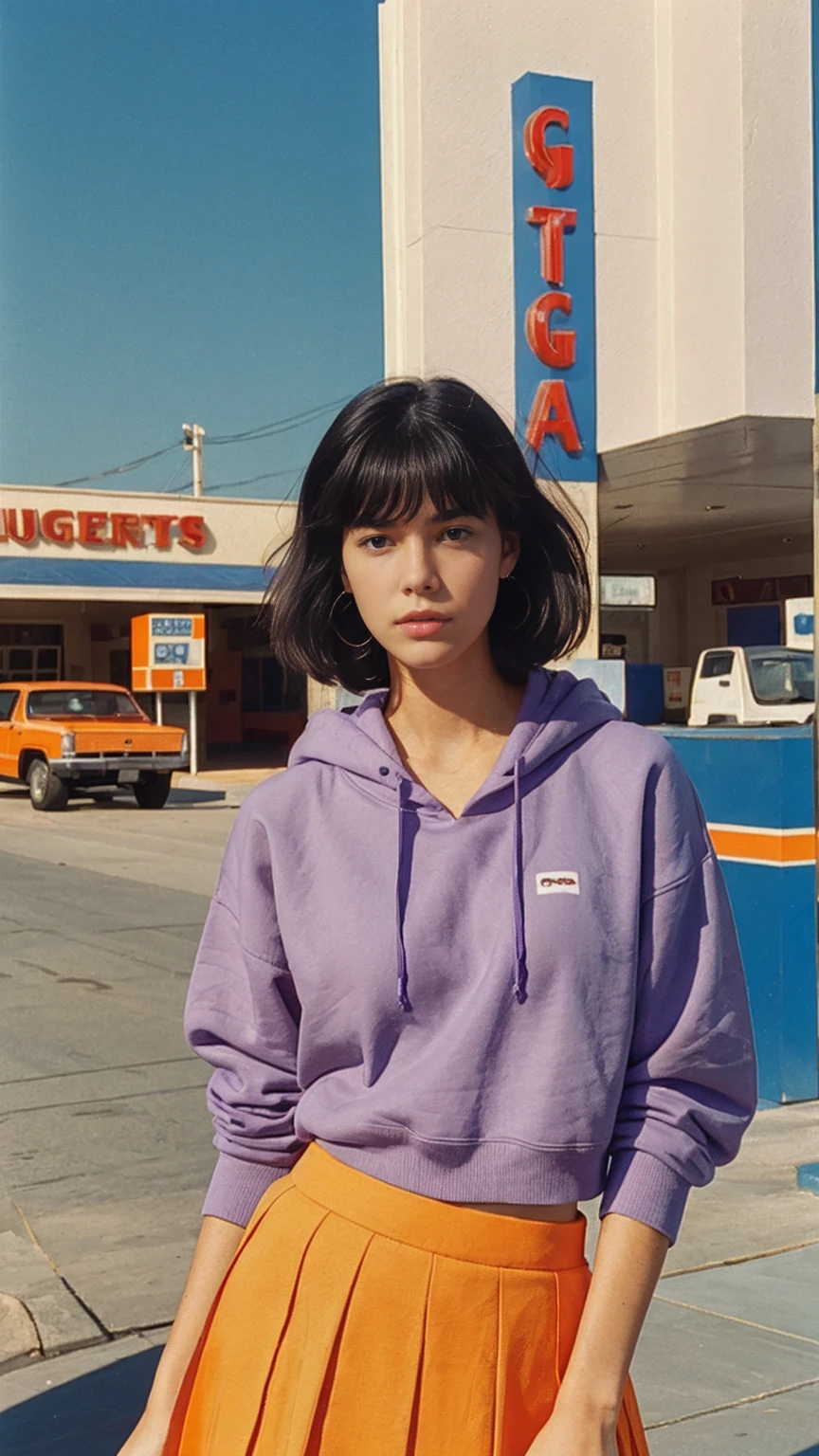 (medium shot portrait) of cute 23 yo girl ,wear ((orange color oversized_hoodie)), wear ((purple tennis skirt)),looking front,Best Quality,Masterpiece,Ultra High Resolution,(Realisticity:1.4),Original Photo, 1Girl, light leak,ultra high resolution,UHD,beautiful, (black bob hair), almond eye, no makeup, in front of ((80's los angels gas station)), (realistic:1.2), (surreal:1.3), (very detailed:1.1), ((masterpiece)),summer, blue sky, palm trees,sunny, los angles vibes,film camera, 800mm lens,style of Philip Lorca diCorcia