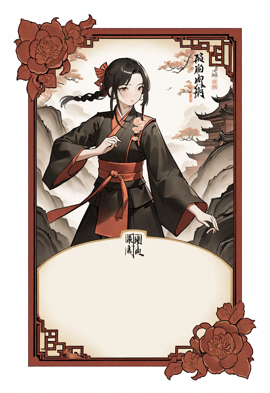 A card border UI，Chinese classical martial arts style，Suspense style，Profile Style。Leave a square blank space in the middle，No characters，Parchment backing。Black and White、yellowish、Dark red main color，Black undertone。