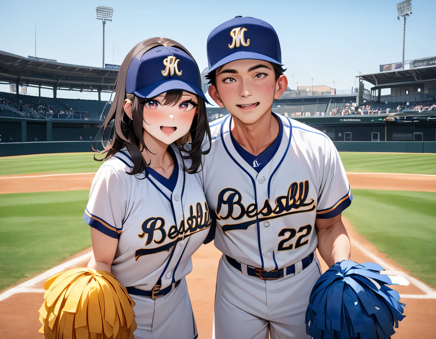 masterpiece, best quality, very aesthetic, absurdres, 
Baseball Player, (Baseball player and cheerleader in a two-shot photo), Baseball players in uniforms, cheerleaders with bonbons, In a baseball stadium