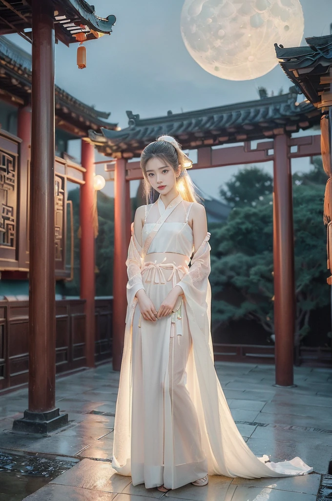 (((best quality))),(((ultra detailed))),(((masterpiece))),illustration,((1 beautiful girl,solo)),(short ponytail:1.2),((bright eyes,gentle smile)),((slim,thin)),((small breasts,flat chest)),(white see through sheer strap Hanfu:1.3),(slender legs:1.2),flowing fabric,serene demeanor,vibrant plants and trees,(Chinese-style architecture:1.3),tile roofs,intricate wooden carvings,rich and vivid colors,(serene glow of the moon:1.5),(((colorful clouds))),traditional Chinese garment,(((summer night,village courtyard))),((standing,arms behind back)),((from front,full body))