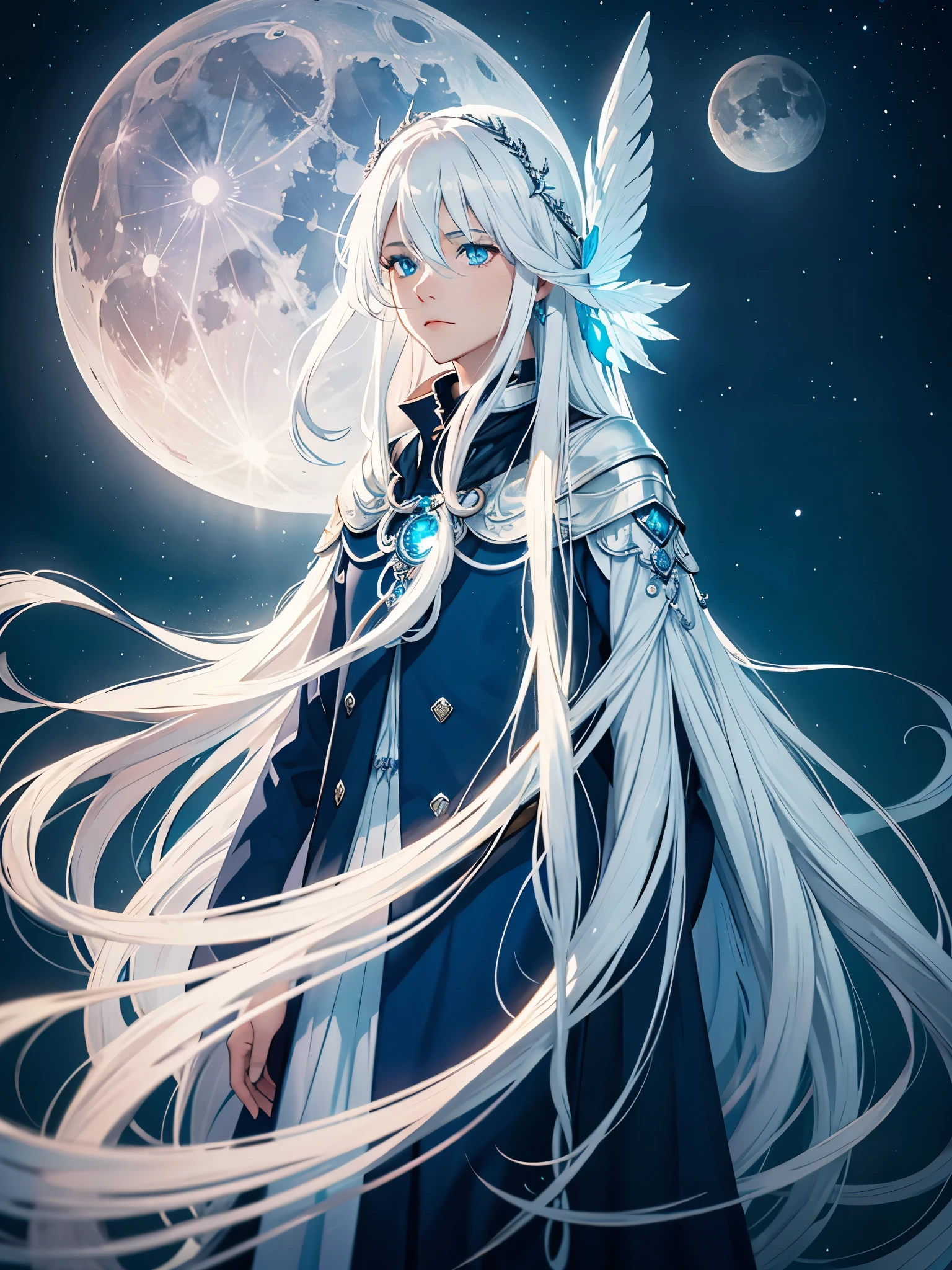 Blue light. Göttlich. Mystisch. Long hair. long white hair. aquatic, boy, Goddess of the Moon, silver hair accessories, White hair, White dress, cape, at night, saturated colors, light eyes, bright, light blue light, blue eyes, Jewelry silver, bluish light, Full moon in the background, aquatic in der Luft rosa kerzen