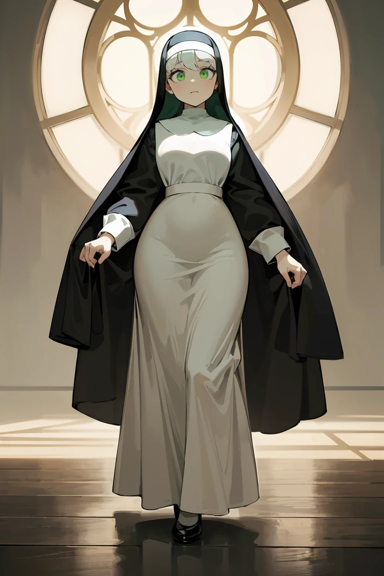 masterpiece, best quality, highly detailed background, perfect lighting, best quality, (extremely detailed face), volumetric lighting, intricate details, shadow, tonemapping, sharp focus, hyper detailed, trending on Artstation, (solo) ((Looking at the viewer)) (White hair) ((thin)) ((friendly face)) ((green eyes)) ((nun)) ((dressed as a nun)) ((nun's long skirt)) ((delicate hands)) ((thin and fine figure)) ((elegant))