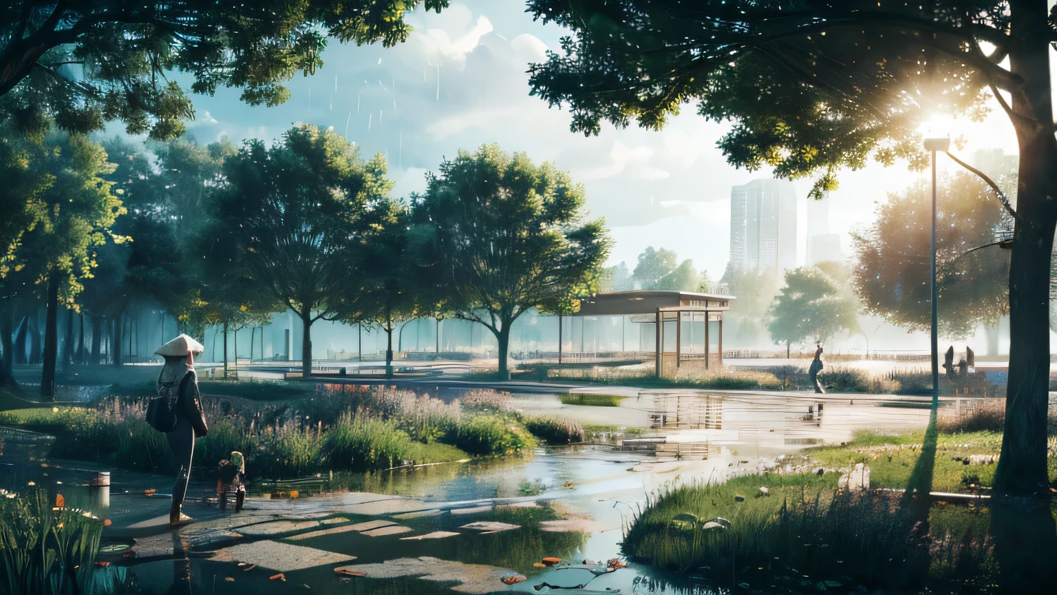And soul、show、Beautiful anime art, Anime Style、4K、Wet day, forest，Raindrops, Light of the sun,makoto shinkai
