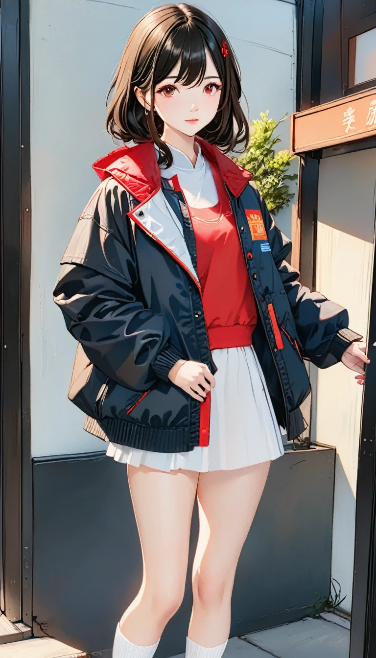 best quality, masterpiece, solo, 1girl, black hair, jacket, red eyes, black beckground, standing, black shoes, future jacket