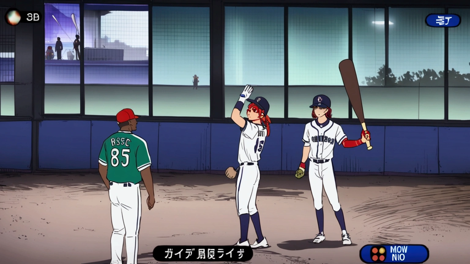 standing, male focus, multiple boys, parody, dark-skinned male, building, 4boys, sportswear, baseball bat, baseball uniform