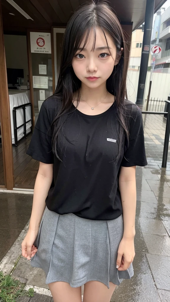 Natural image quality,looking at the camera,1People Girls,Japanese,20-year-old,Beauty,Beautiful face,Cute face,Are crying,Sad expression,Frustrated expression,tears,Short-sleeved summer clothes,skirt,(Disheveled Hair),(Wet Hair),(Wet body),(Wet clothes),(Wet Face),The whole body is wet from rain,(Rainy cityscape)