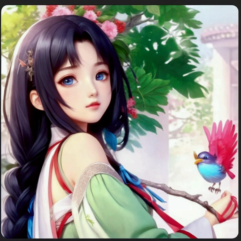 anime girl with long black hair and blue eyes holding a bird, high quality anime artstyle, beautiful anime style, anime artstyle, anime style. 8k, made with anime painter studio, anime picture, young anime girl, realistic anime 3 d style, beautiful anime girl, palace ， a girl in hanfu, anime styled 3d, inspired by Du Qiong