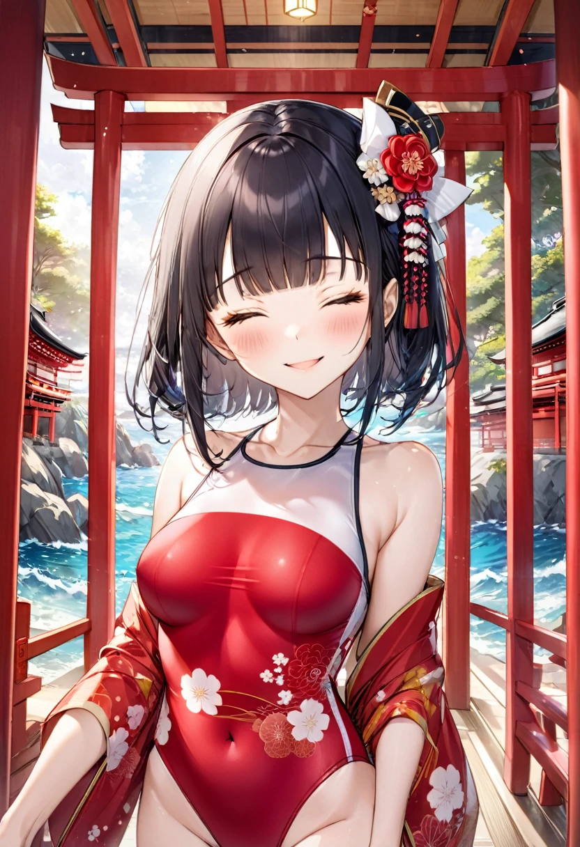 (pov kimono style swimsuit) (beautiful body), (solo:2, 15 yo, blunt bangs:1.3 black hair long hair sexy shrine girl, sexy closed eyes, happy smile), (in a japanese shrine:1.2 beautiful one piece swimsuit, exposure wabisabi:1.3 white and red, Fundosi:1.2), break, in the Swimsuit contest venue, background Double Exposure beautiful ocean, BREAK, perfect anatomy, masterpiece, best quality, 16k, beautiful detailed love, sexy, daydreaming expression.