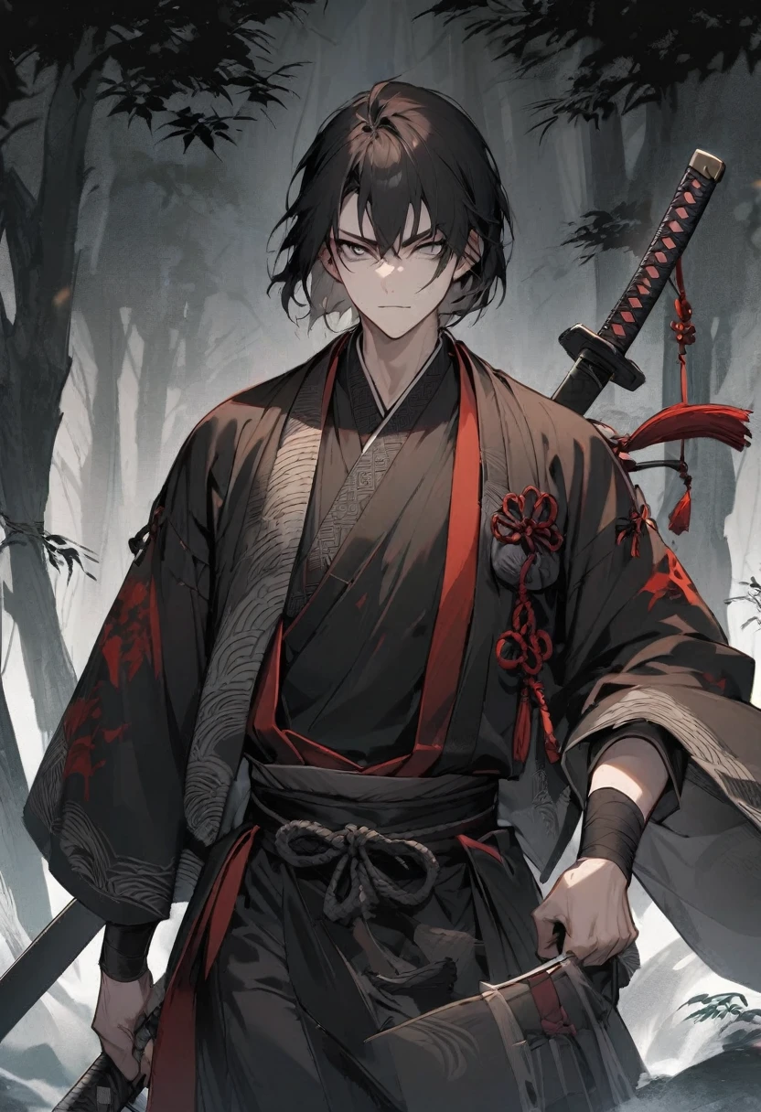 young man with calm face ,Male Dark, dark Woods,Red & Black colors, pale eye, samurai dnd, ronin background, hold katana in right hand