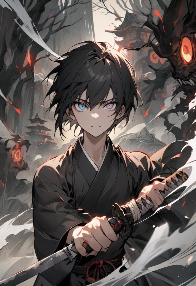 young man with calm face ,Male Dark, dark Woods,Red & Black colors, pale eye, samurai dnd, ronin background, hold katana in right hand