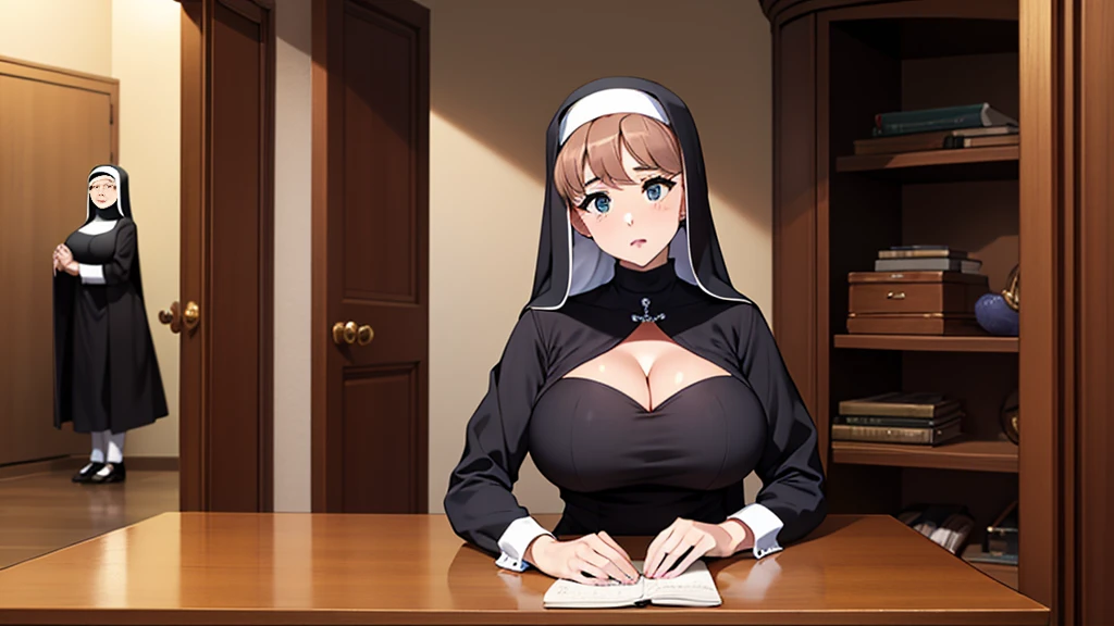 ariana grande in closet, pews in background, wearing nun habit, sexy nun outfit, big breasts, (big breasts:1.2), cleavage, holding prayer beads,