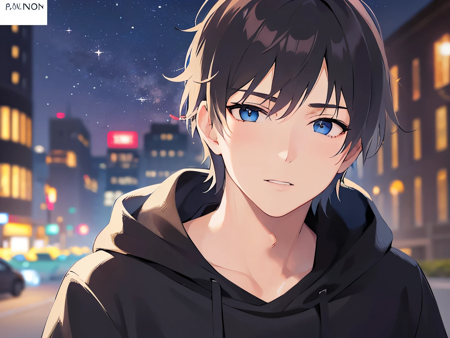 (running:1.2)(25-year-old male:1.5) and (Black short hair) and (blue eyes)、(looking away:1.5),close-up、Side shot、
shiny skin, masterpiece、Highest quality、
black hoodie ,running、
Night Park、(grass:1.3)、illumination、(Night Sky:1.5)