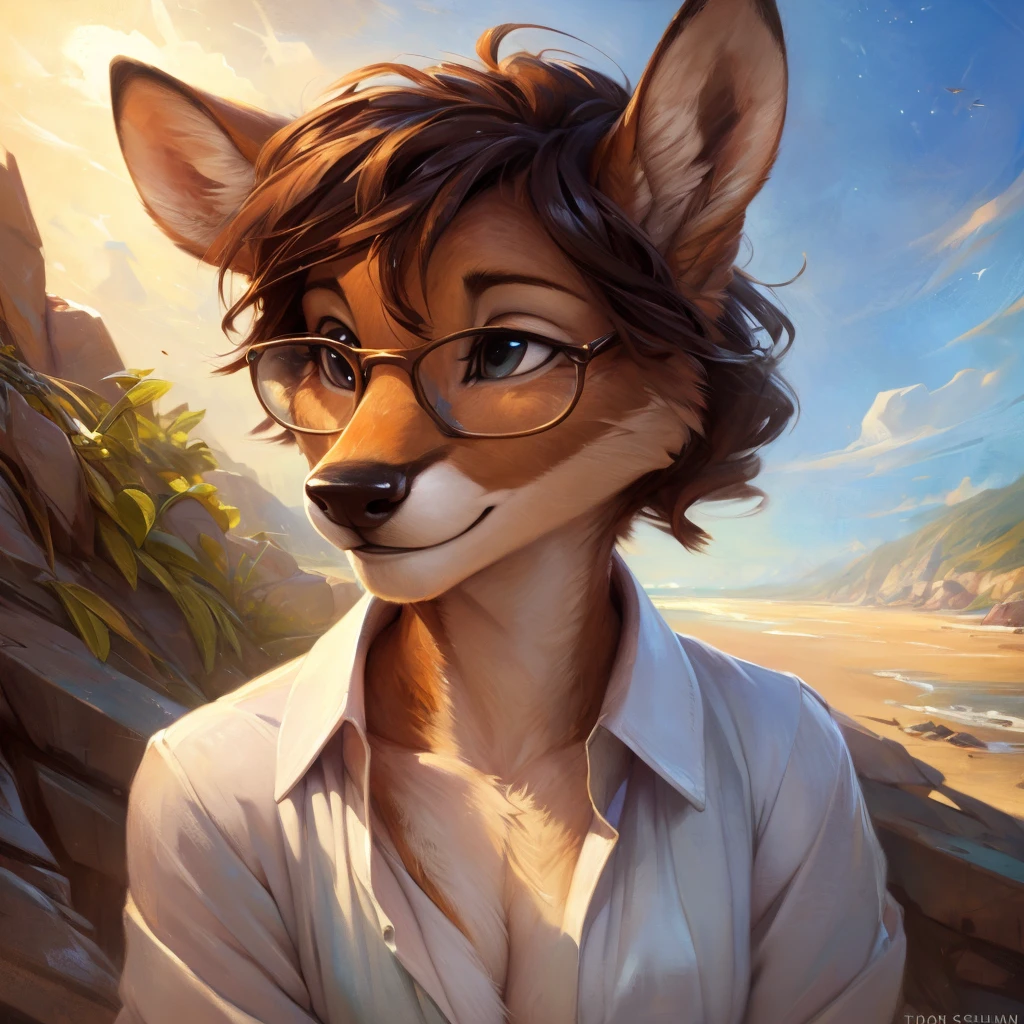 uploaded on e621, by Pixelsketcher, by Bayard Wu, by Thomas Benjamin Kennington , by Einshelm, by hioshiru and kenket, Chunie, portrait, solo anthro female deer doe, with small featureless breasts, clear dark blue, cinematic lighting, day, sunny day, beach, stays in the sea, sea background, mediterranean background, horizon background, shiny, short curly dark brown hair, wears big black nerd glasses, very very beautiful furry art, furry art, smiling, joyful, shiny, happy, feminine, cute face, muzzle, fluffy chest, flawless face, Fallow deer, 1girl, Sakimichan is beautiful, Masterpiece, Wavethesallow Face, shiny, Detailed image, portrait, Detailed image, portrait, full body, wearing wide, long, white blouse, shiny, realistic face, perfect anatomy, hourglass body, (furry body:1.1), anthropomorphic deer, small fluffy tail, detailed background, (cute anatomy:1.1), windy, smiling, very happy, happy
