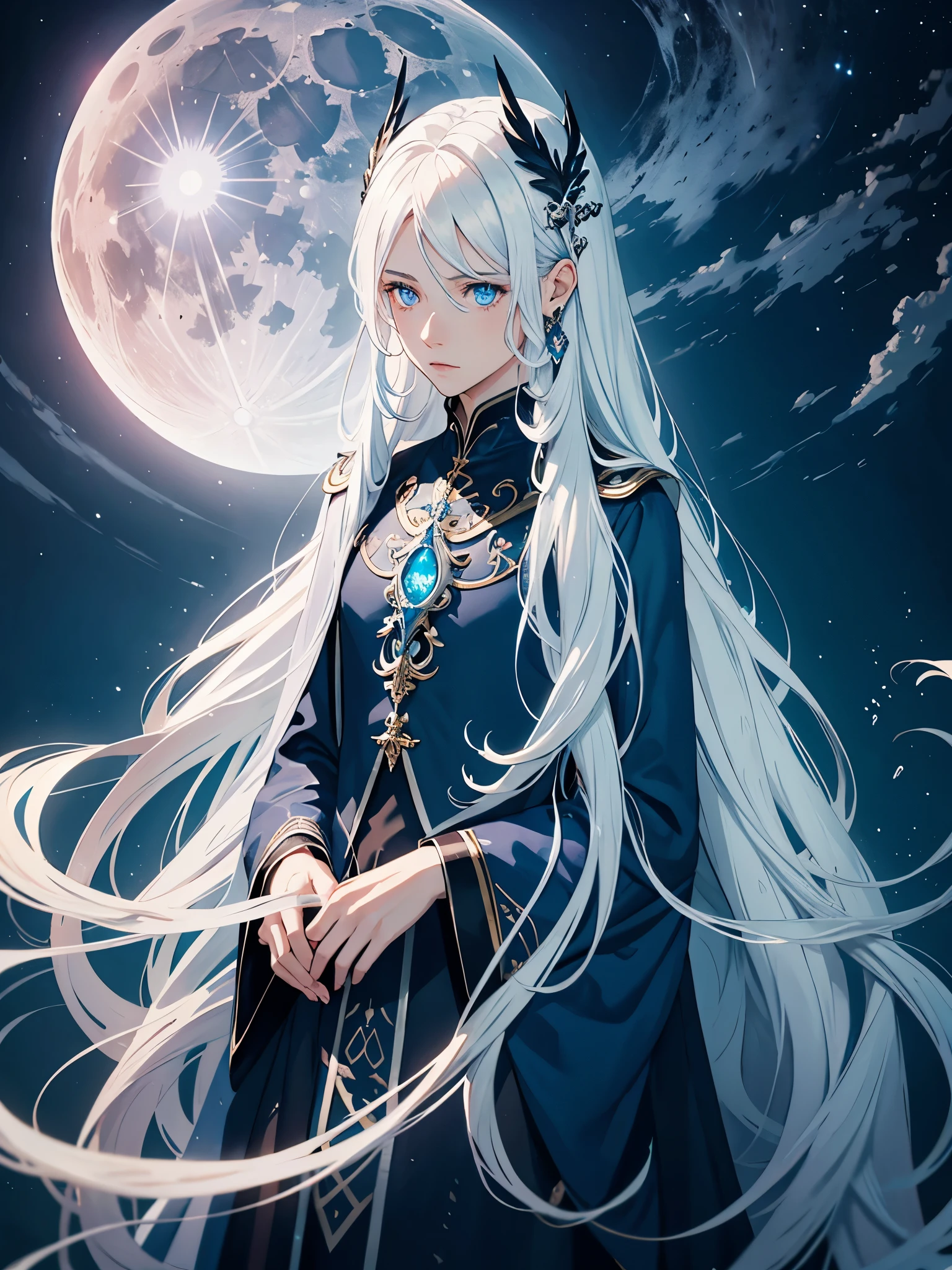 Blue light. Göttlich. Mystisch. Long hair. long white hair. aquatic, boy, Goddess of the Moon, silver hair accessories, White hair, White dress, cape, at night, saturated colors, light eyes, bright, light blue light, blue eyes, Jewelry silver, bluish light, Full moon in the background, aquatic in der Luft rosa kerzen