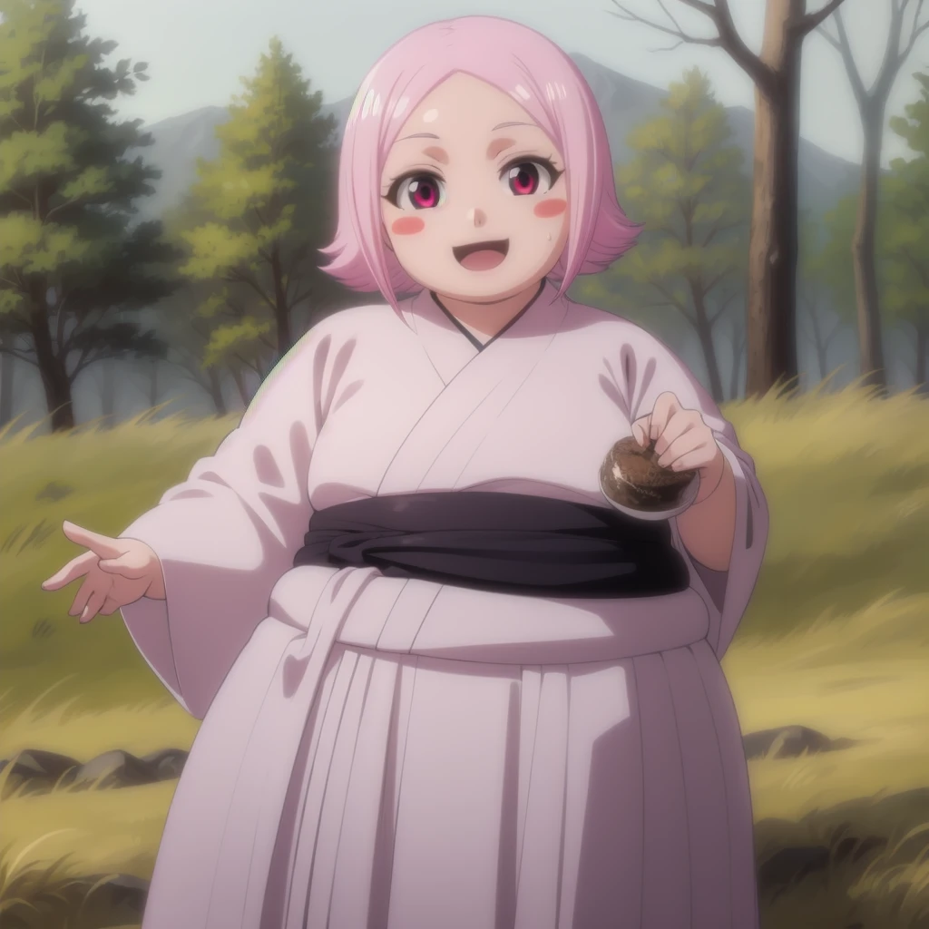 yachirukusajishi, yachiru kusajishi, short hair, pink hair, (pink eyes:1.5), blush stickers, open mouth, forehead,
BREAK long sleeves, japanese clothes, hakama, black hakama,
BREAK outdoors,
BREAK looking at viewer, (cowboy shot:1.5),
BREAK (masterpiece:1.2), best quality, high resolution, unity 8k wallpaper, (illustration:0.8), (beautiful detailed eyes:1.6), extremely detailed face, perfect lighting, extremely detailed CG, (perfect hands, perfect anatomy), standing, smile, blush, solo, 1girl, SSBBW yachiru kusajishi, big cheeks, ssbbw, severely obese ,600lbs obese female, no pupils, ultra detailed, masterpiece, best quality, aesthetic, detailed, Fluffy and Fat Face, Big Butt, Big Cheeks, Obese Body, Sexy, Obese Girl, oddeye, Happy, Cute Expression, Very Hot, NSFW Art