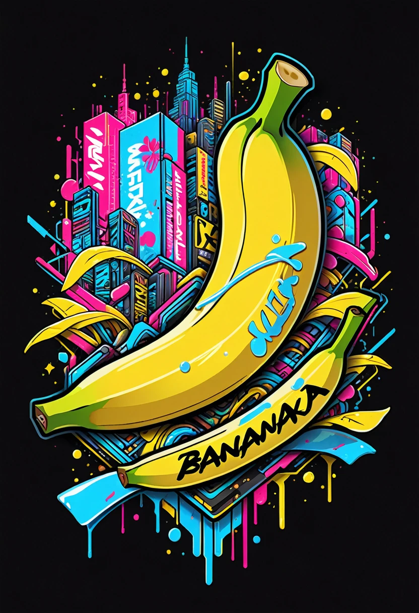 Create a sticker illustration of a banana inspired by the video game Cyberpunk 2077 with a 2D graffiti effect. The sticker should have no background, with only the banana shape and a prominent white outline around the edges. All design elements must be contained within the shape of the banana, and none should extend beyond its edges. The peel of the banana should not be yellow but instead be replaced by the following Cyberpunk 2077 elements, all depicted in a graffiti style: - A deep matte black base for the peel, symbolizing the dark streets of Night City. - Blue neon circuit lines running across the banana’s surface, resembling cybernetic implants, with a spray-paint texture. - The "Samurai" logo near the tip of the banana, designed in a graffiti font and style. - Stickers of in-game brands like Arasaka and Militech, and gang symbols like "The Moxes", all depicted with a street art aesthetic. - Modernized tribal tattoo motifs and hacking icons in red and green neon, rendered with a graffiti effect. - Sections with light effects mimicking the neon lights of Night City, with a pulsating spray-paint effect around the circuits. - A small, metallic chrome-plated label near the base with the inscription "Cyber Choice" in a graffiti font. Ensure the design is vibrant, edgy, and high-tech, with the stylized interior capturing the futuristic and dystopian ambiance of Cyberpunk 2077, all within the iconic shape of a banana. All elements must be contained within the banana and not extend beyond its edges.