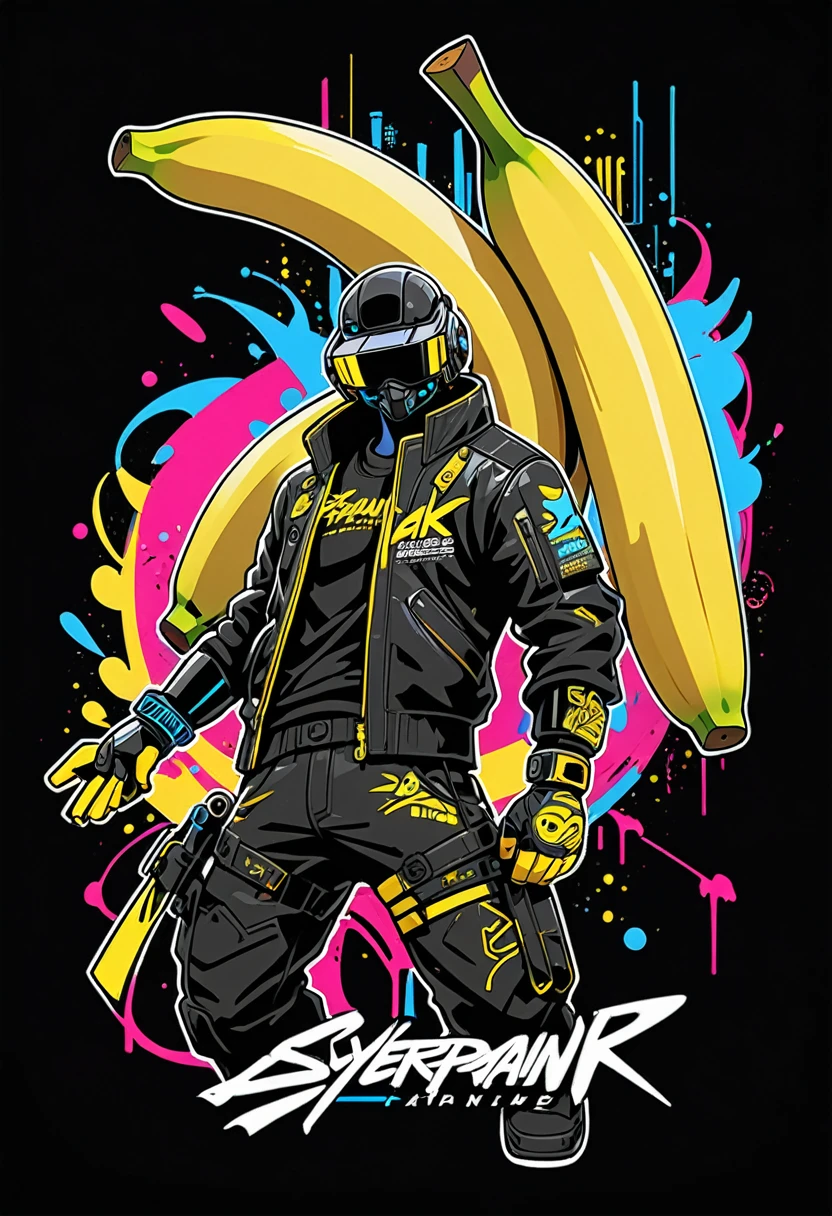 Create a sticker illustration of a banana inspired by the video game Cyberpunk 2077 with a 2D graffiti effect. The sticker should have no background, with only the banana shape and a prominent white outline around the edges. All design elements must be contained within the shape of the banana, and none should extend beyond its edges. The peel of the banana should not be yellow but instead be replaced by the following Cyberpunk 2077 elements, all depicted in a graffiti style: - A deep matte black base for the peel, symbolizing the dark streets of Night City. - Blue neon circuit lines running across the banana’s surface, resembling cybernetic implants, with a spray-paint texture. - The "Samurai" logo near the tip of the banana, designed in a graffiti font and style. - Stickers of in-game brands like Arasaka and Militech, and gang symbols like "The Moxes", all depicted with a street art aesthetic. - Modernized tribal tattoo motifs and hacking icons in red and green neon, rendered with a graffiti effect. - Sections with light effects mimicking the neon lights of Night City, with a pulsating spray-paint effect around the circuits. - A small, metallic chrome-plated label near the base with the inscription "Cyber Choice" in a graffiti font. Ensure the design is vibrant, edgy, and high-tech, with the stylized interior capturing the futuristic and dystopian ambiance of Cyberpunk 2077, all within the iconic shape of a banana. All elements must be contained within the banana and not extend beyond its edges.