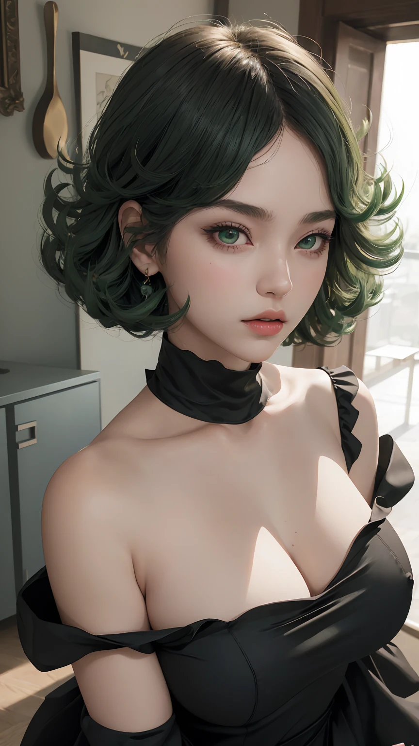 (masterpiece, Best quality), 1 girl, Beautiful face,   Tatsumaki, dress, Black dress,big breasts，split，Off-the-shoulder clothing