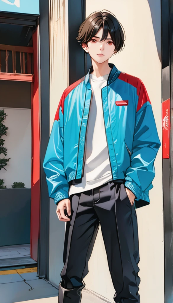 best quality, masterpiece, solo, 1boy, black hair, jacket, red eyes, black beckground, standing, black shoes, future jacket