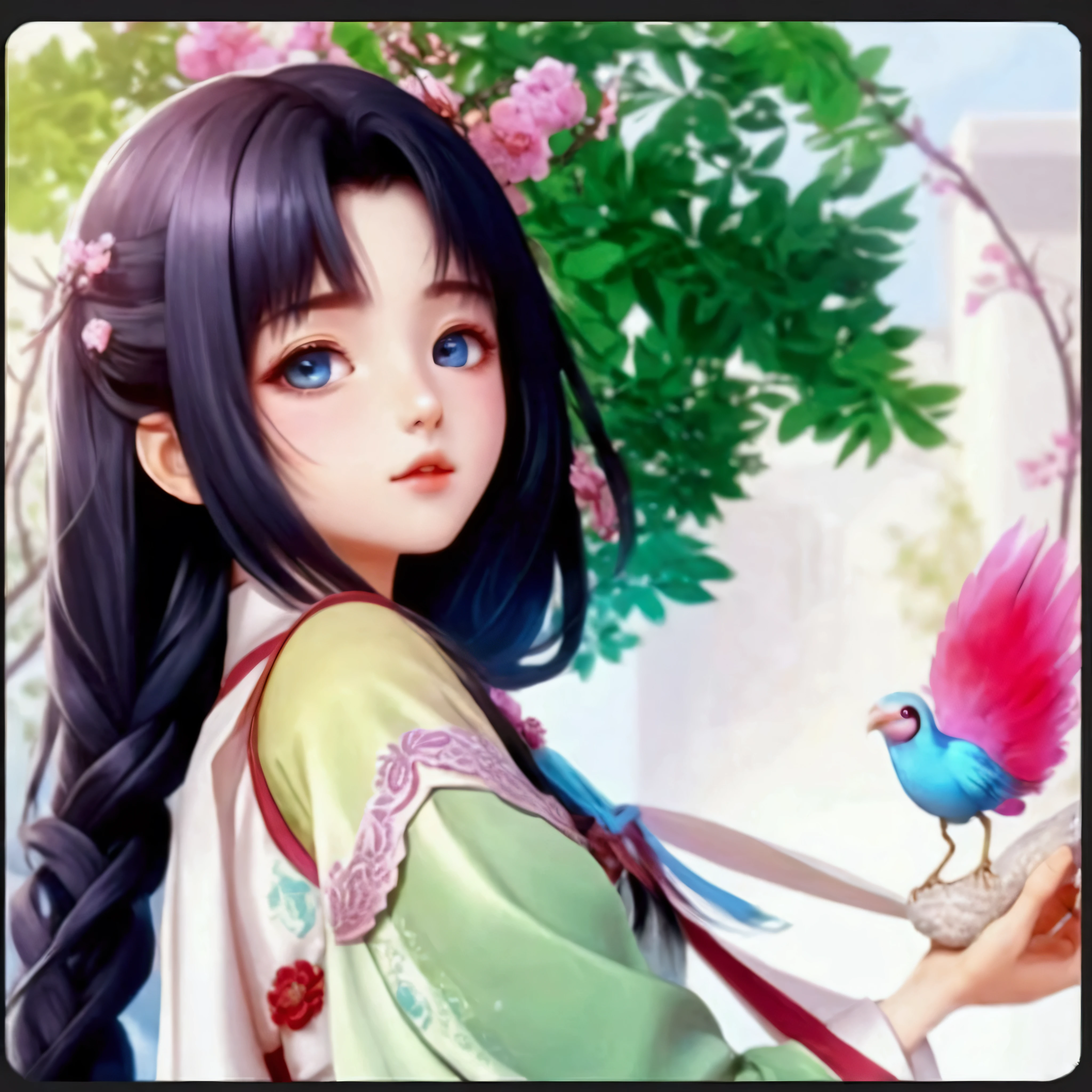 anime girl with long black hair and blue eyes holding a bird, high quality anime artstyle, beautiful anime style, anime artstyle, anime style. 8k, made with anime painter studio, anime picture, young anime girl, realistic anime 3 d style, beautiful anime girl, palace , a girl in hanfu, anime styled 3d, inspired by Du Qiong