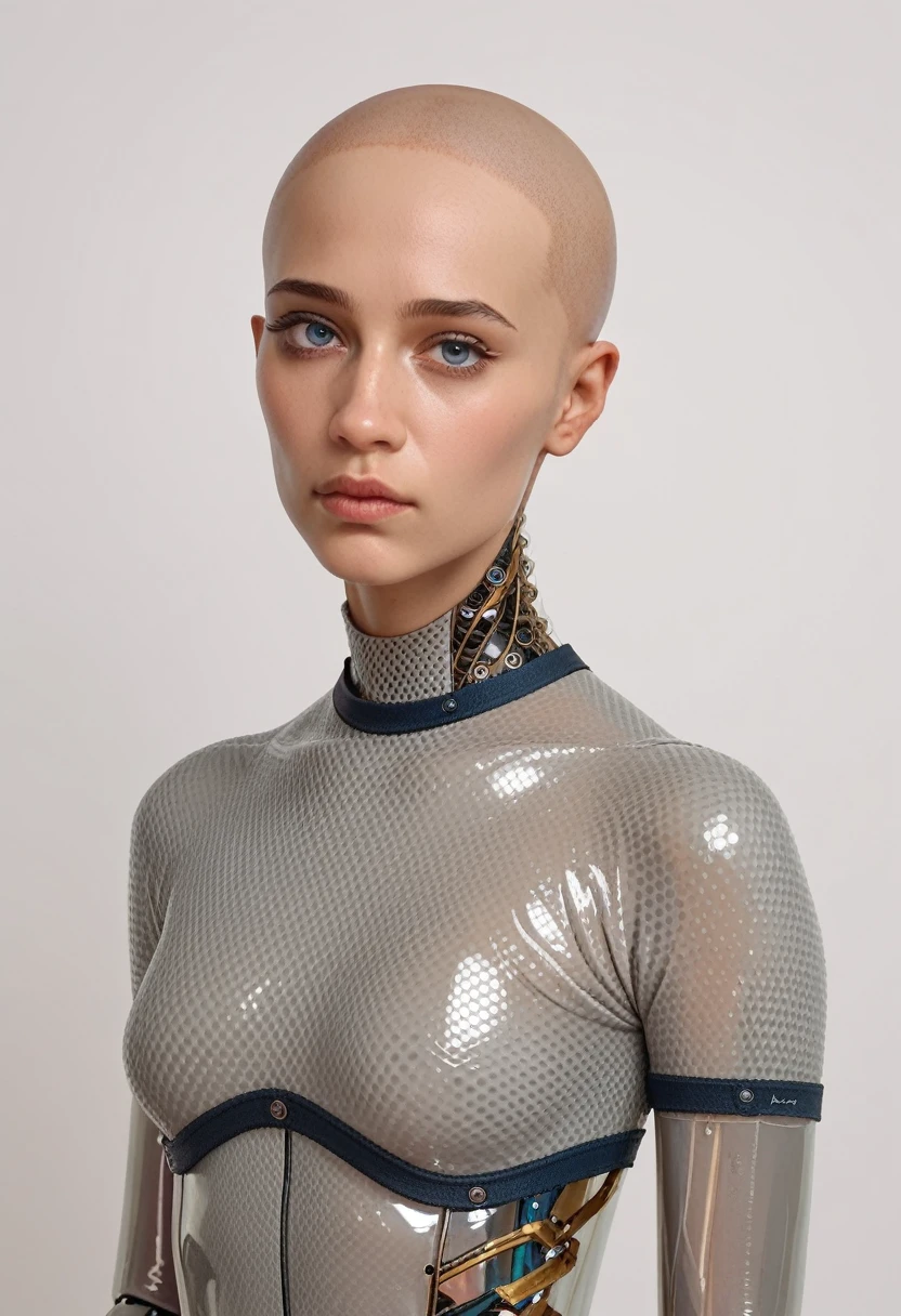 ava, portrait, android, transparent skin parts, looking at the viewer, waist, gray bodysuit, bald, perfect skin, smooth skin, round face, score_9, score_8_up, score_7_up, score_6_up, score_5_up, score_4_up
