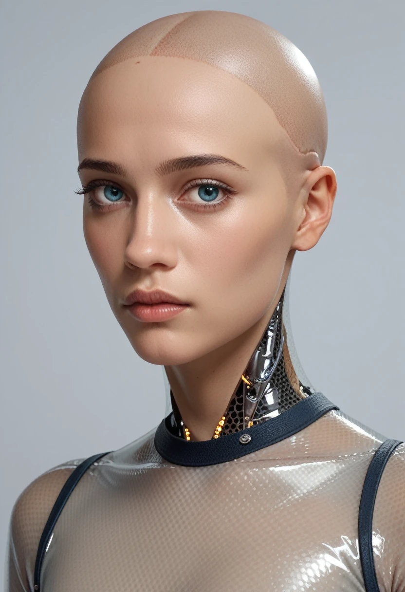 ava, portrait, android, transparent skin parts, looking at the viewer, waist, gray bodysuit, bald, perfect skin, smooth skin, round face, score_9, score_8_up, score_7_up, score_6_up, score_5_up, score_4_up
