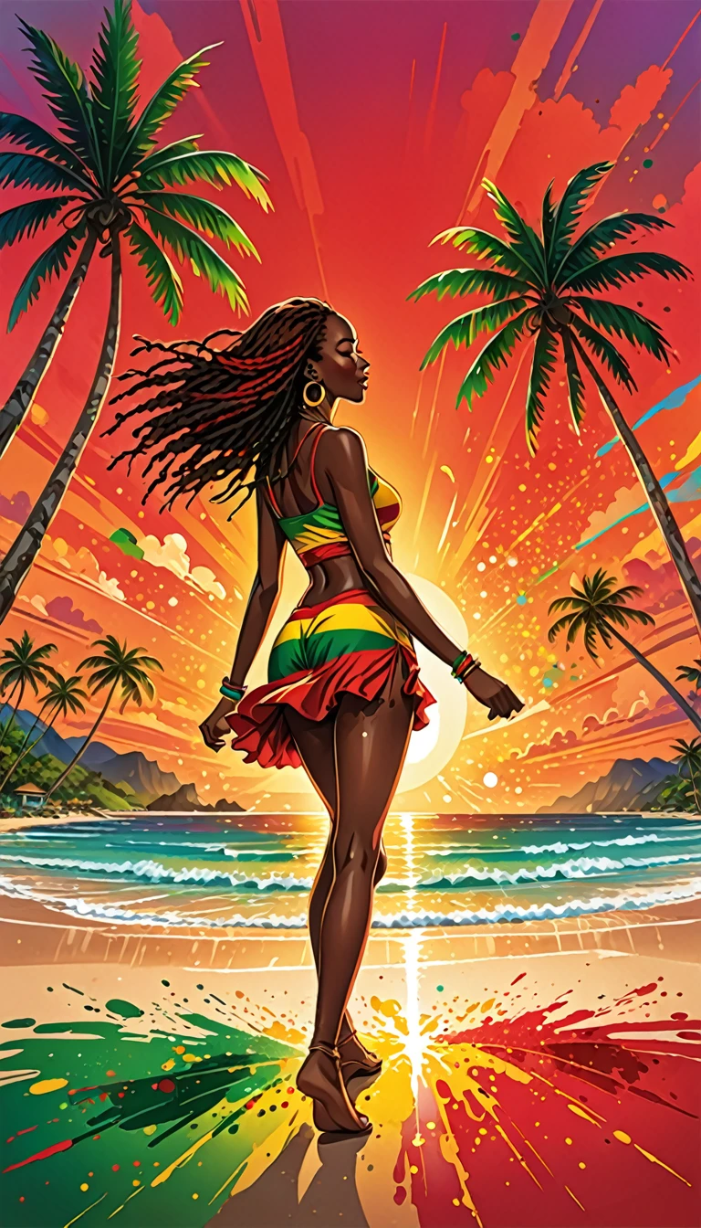 Vector art, Lots of Jamaican Reggae, Authentic Jamaican reggae music atmosphere,Color illustrations, in the center, Vibrant colors, Paint splatters and stains, High detail,
bright red sunset,beach,Palm tree,Back view of dancing women