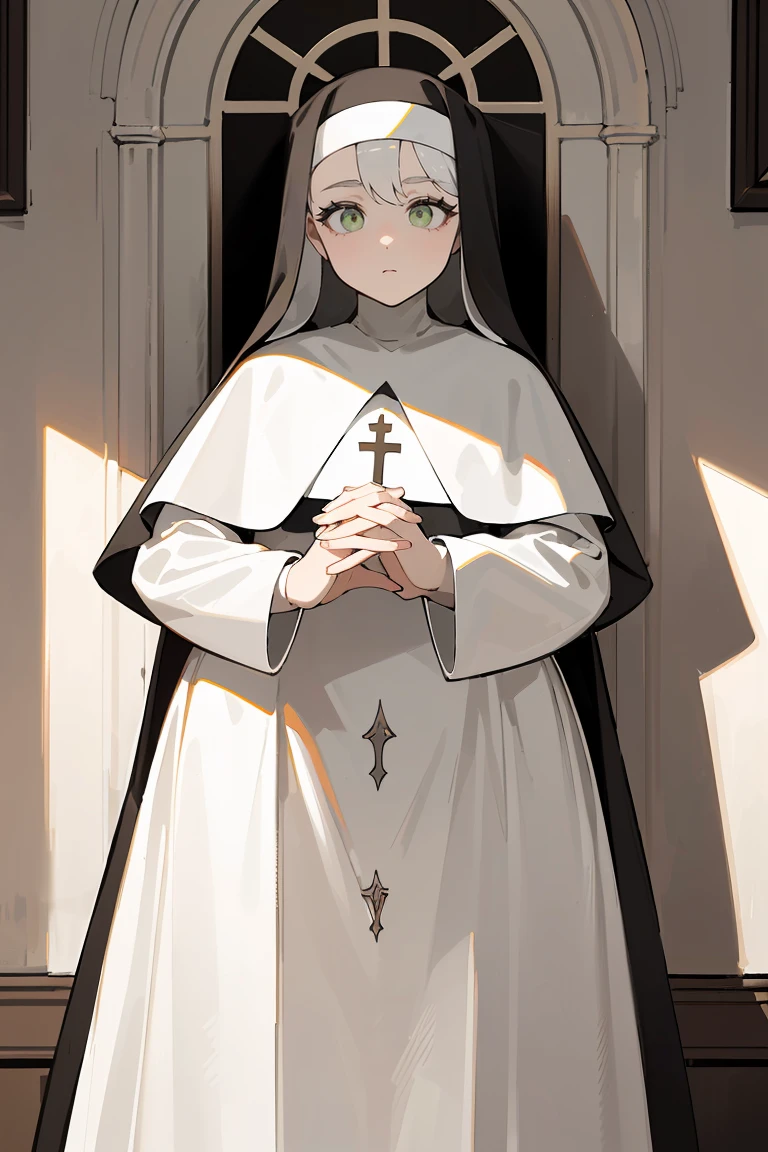 masterpiece, best quality, highly detailed background, perfect lighting, best quality, (extremely detailed face), volumetric lighting, intricate details, shadow, tonemapping, sharp focus, hyper detailed, trending on Artstation, (solo) ((Looking at the viewer)) (White hair) ((thin)) ((green eyes)) ((nun)) ((dressed as a nun)) ((nun's long skirt)) ((delicate hands)) ((thin and fine figure)) ((elegant))