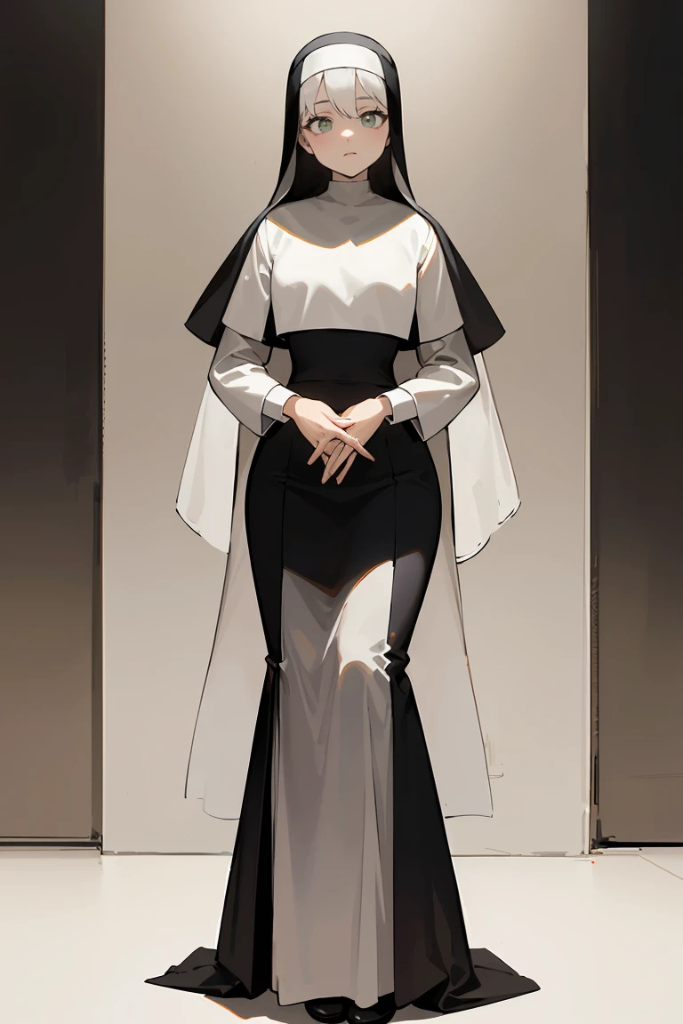 masterpiece, best quality, highly detailed background, perfect lighting, best quality, (extremely detailed face), volumetric lighting, intricate details, shadow, tonemapping, sharp focus, hyper detailed, trending on Artstation, (solo) ((Looking at the viewer)) (White hair) ((thin)) ((green eyes)) ((nun)) ((dressed as a nun)) ((nun's long skirt)) ((delicate hands)) ((thin and fine figure)) ((elegant))
