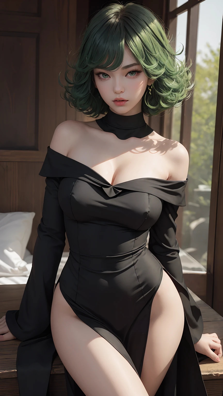 (masterpiece, Best quality), 1 girl, Beautiful face,   Tatsumaki, dress, Black dress,big breasts，split，Off-the-shoulder clothing