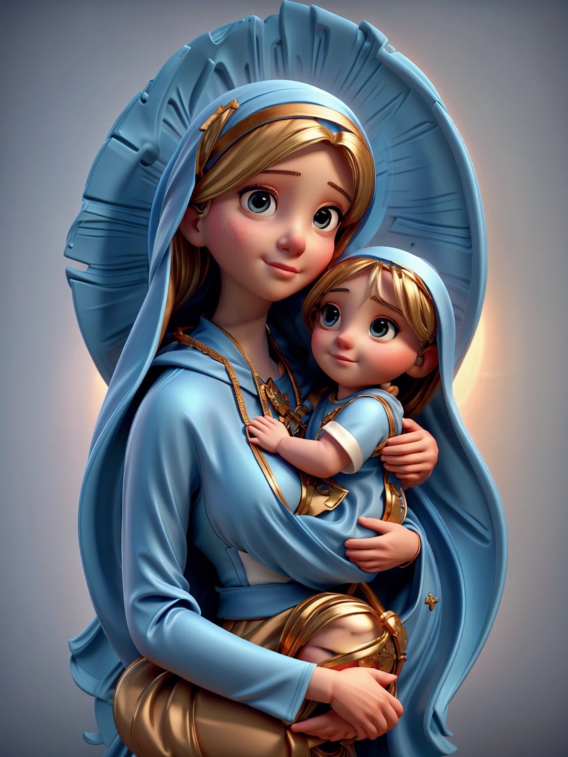 a close up of a woman holding a in her arms, virgin mary, with jesus, mother, queen of heaven, 2 5 6 x 2 5 6, 256x256, beautiful depiction, holy, catholic religious art, holy and beautiful, rendered, profile pic, beautiful image, beautiful art, jayson tatum as mother mary