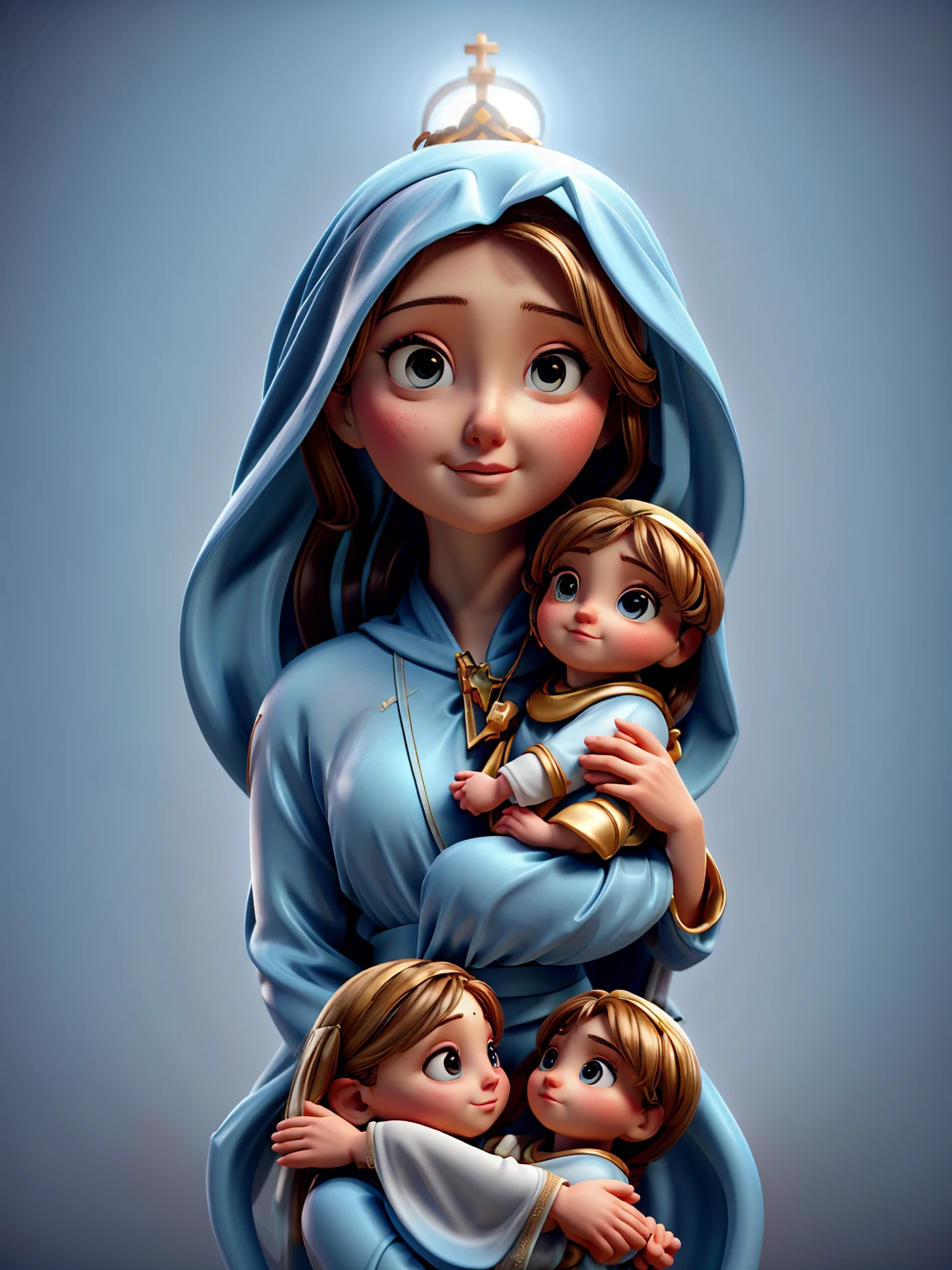 a close up of a woman holding a baby in her arms, virgin mary, with  jesus, mother, queen of heaven, 2 5 6 x 2 5 6, 256x256, beautiful depiction, holy, catholic religious art, holy and beautiful, rendered, profile pic, beautiful image, beautiful art, jayson tatum as mother mary