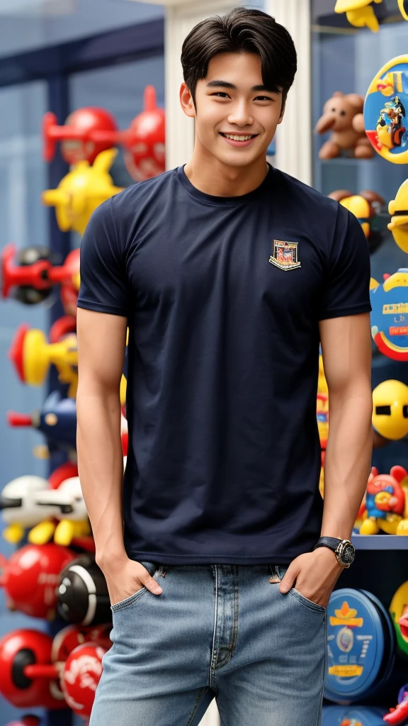 single: 1.5, (ที่TRUEแล้ว, Masterpiece, 8k HD, good light quality, sportswear, to fit the face, complicated details), A handsome Korean man with muscular arms.. , 20 years old, be happy, smile brightly, detailed face, delicate eyes, look at the sky, Wear a navy tight T-shirt..:1.6 ,Wear a denim coat.., Jeans era, black eyes, Black hair color, ผมsmooth, smooth，SurTRUE，Excellent details，Highest quality，TRUE，Open your mouth to talk.. , Close your eyes.., (standing in a toy store:1.5)