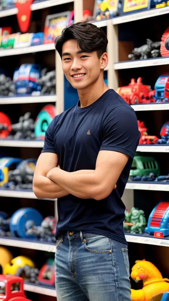 single: 1.5, (ที่TRUEแล้ว, Masterpiece, 8k HD, good light quality, sportswear, to fit the face, complicated details), A handsome Korean man with muscular arms.. , 20 years old, be happy, smile brightly, detailed face, delicate eyes, look at the sky, Wear a navy tight T-shirt..:1.6 ,Wear a denim coat.., Jeans era, black eyes, Black hair color, ผมsmooth, smooth,SurTRUE,Excellent details,Highest quality,TRUE,Open your mouth to talk.. , Close your eyes.., (standing in a toy store:1.5)
