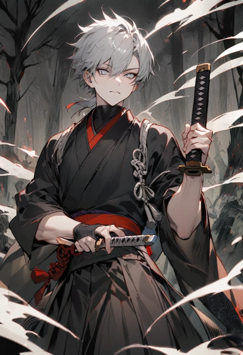 young man with calm face ,Male Dark, dark Woods,Red & Black colors, pale eye, samurai dnd, ronin background, hold katana in right hand