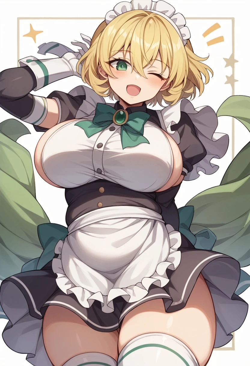 (One girl)、(bob cut)、((Blonde))、（Sato Air）、slan eyes、（boyish）、cute、(Big super breasts)、[Chubby]、Maid clothes、No sleeve、mini skirt、White sleeveless、thigh-high socks thighhighs、(long gloves)、hairs between eyes、flipped hair、(coarse hair)、green eye、Wink、(say)、arm behind back、White Background、