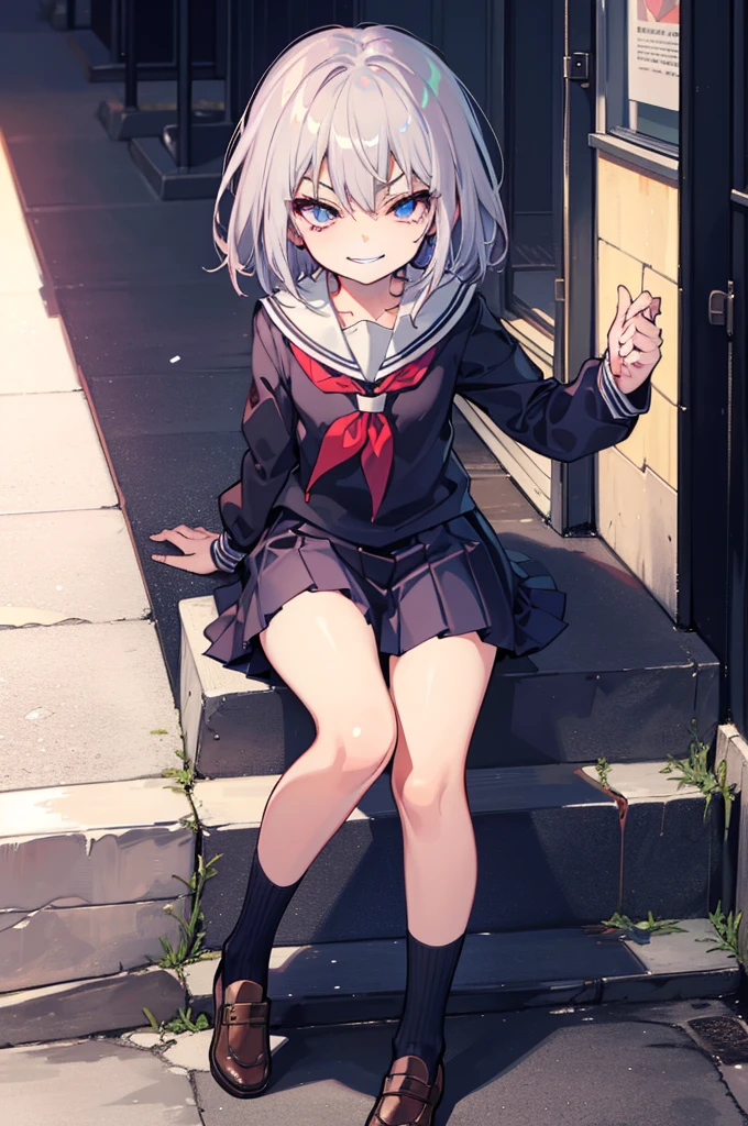 (Ideal:1.1), (perfect:1.1), (flawless:1.1), (highest quality:1.2), (best quality:1.2), street, 1girl, (evil smirk:1.1), (scary smirk:1.1), sharp smirk, (loli:1.2), (child:1.1), (school uniform:1.1), detailed body, sexy thighs, small breasts, short hair, sexy eyes, high quality eyes, 4K, highest quality resolution, best quality resolution, best quality upscale,