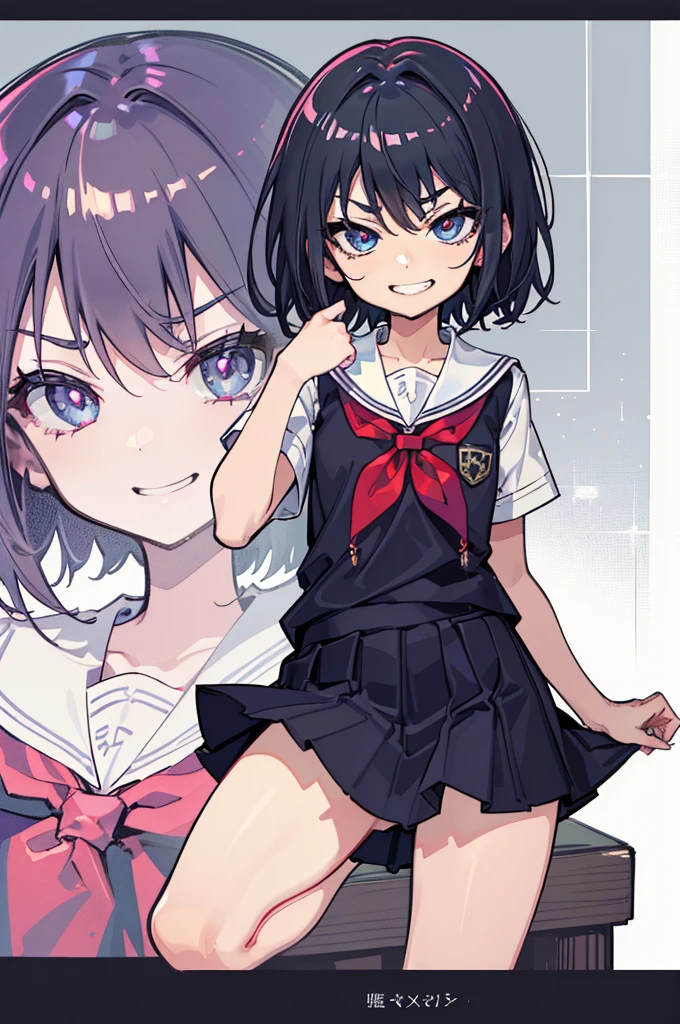 (Ideal:1.1), (perfect:1.1), (flawless:1.1), (highest quality:1.2), (best quality:1.2), street, 1girl, (evil smirk:1.1), (scary smirk:1.1), sharp smirk, (loli:1.2), (child:1.1), (school uniform:1.1), detailed body, sexy thighs, small breasts, short hair, sexy eyes, high quality eyes, 4K, highest quality resolution, best quality resolution, best quality upscale,