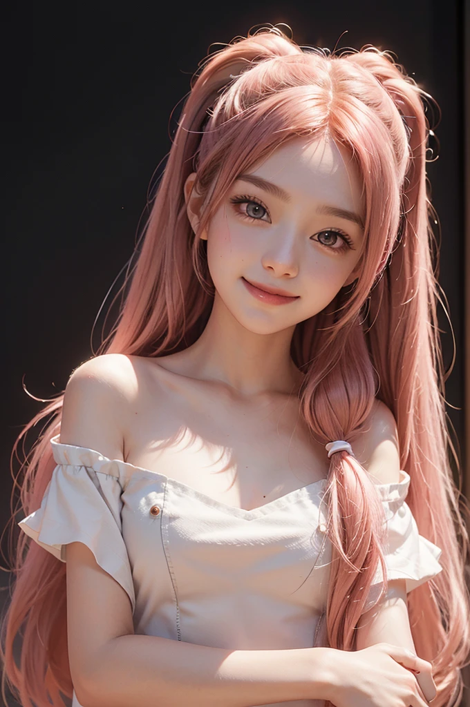 photo realistic, best quality, ultra detailed, masterpiece, Ultra-realistic 8K CG, Perfect Artwork, Realistic, 3D body, cute face, well-featured face, completely nude, 1 girl, ************, small breasts, beautiful girl, cute girl and idol face, young face, smile, Beautiful long pink hair, twintails, Beautiful red eyes, white skin, Short body, Upper body



