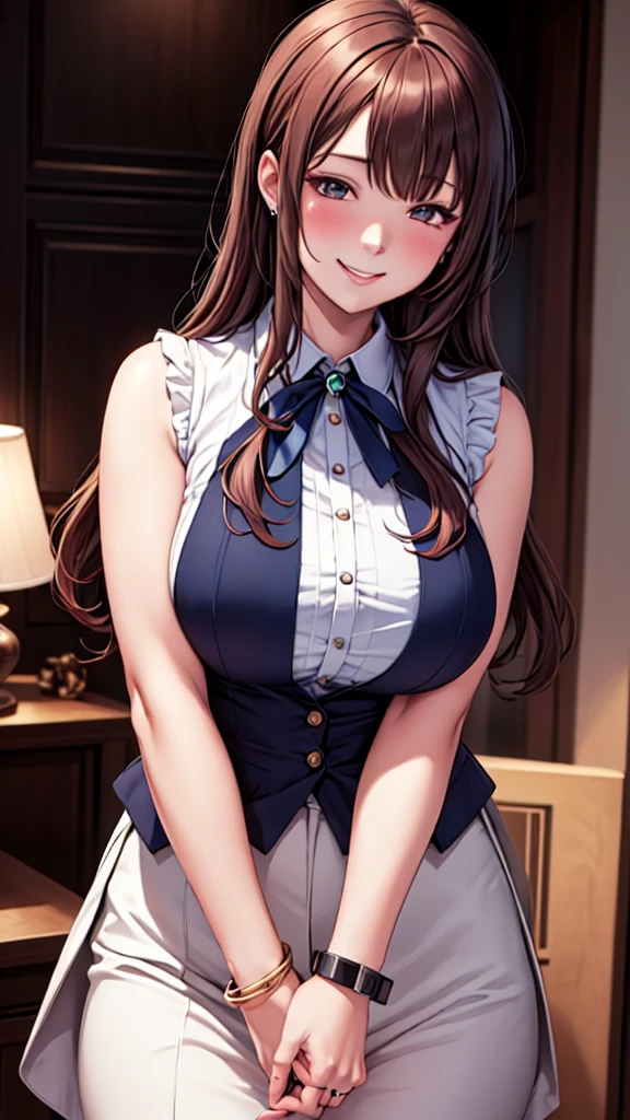 (masterpiece), (High resolution), (Highest quality), One Girl, smile, blush, neck ribbon, View your audience, ribbon, (Ring on right ring finger), shirt, Long Hair, bangs, Hand in hand, jewelry, Mouth closed, フリル collared shirt, Sleeveless