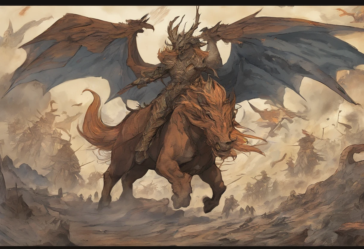 /imagine prompt: Epic fantasy battles across vast open plains, Armies of mythical creatures and warriors pit each other, Wielding fantastic weapons, A storm brewing in the dark sky, Lightning strikes the ground, Fly over the dragon above, Grandeur and heroism in the midst of chaos, artwork of a, mixed media, Combine digital painting with traditional painting，For actions, Dynamic and detailed, --AR 16:9 --V 5