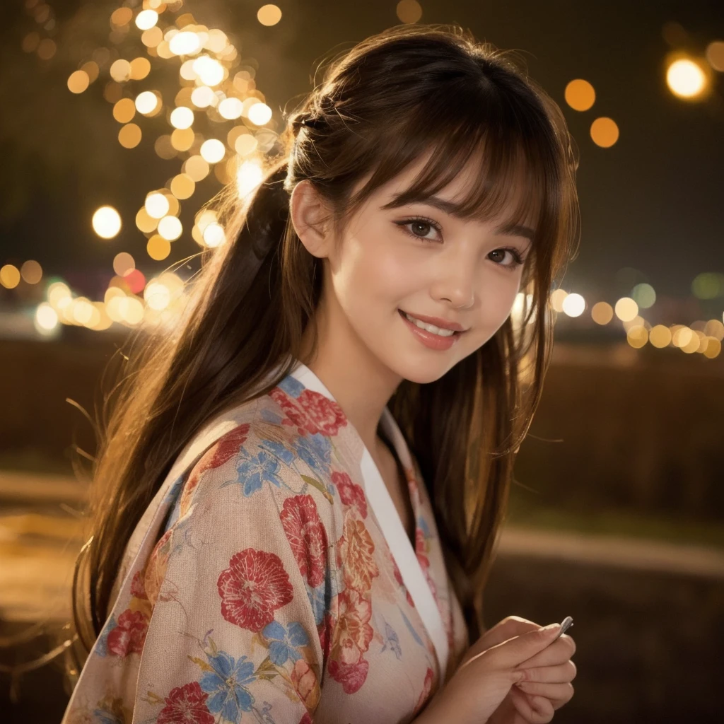 (“solo” Detailed and realistic portrait of a beautiful young Asian woman。She has long light brown hair and big light brown eyes. )A beautiful woman with her hair up, wearing a vibrant yukata, under the night sky. The light from the sparkler softly illuminates her face, highlighting her charming smile. The background exudes the quiet ambiance of a summer night, with distant fireworks audible in the distance.