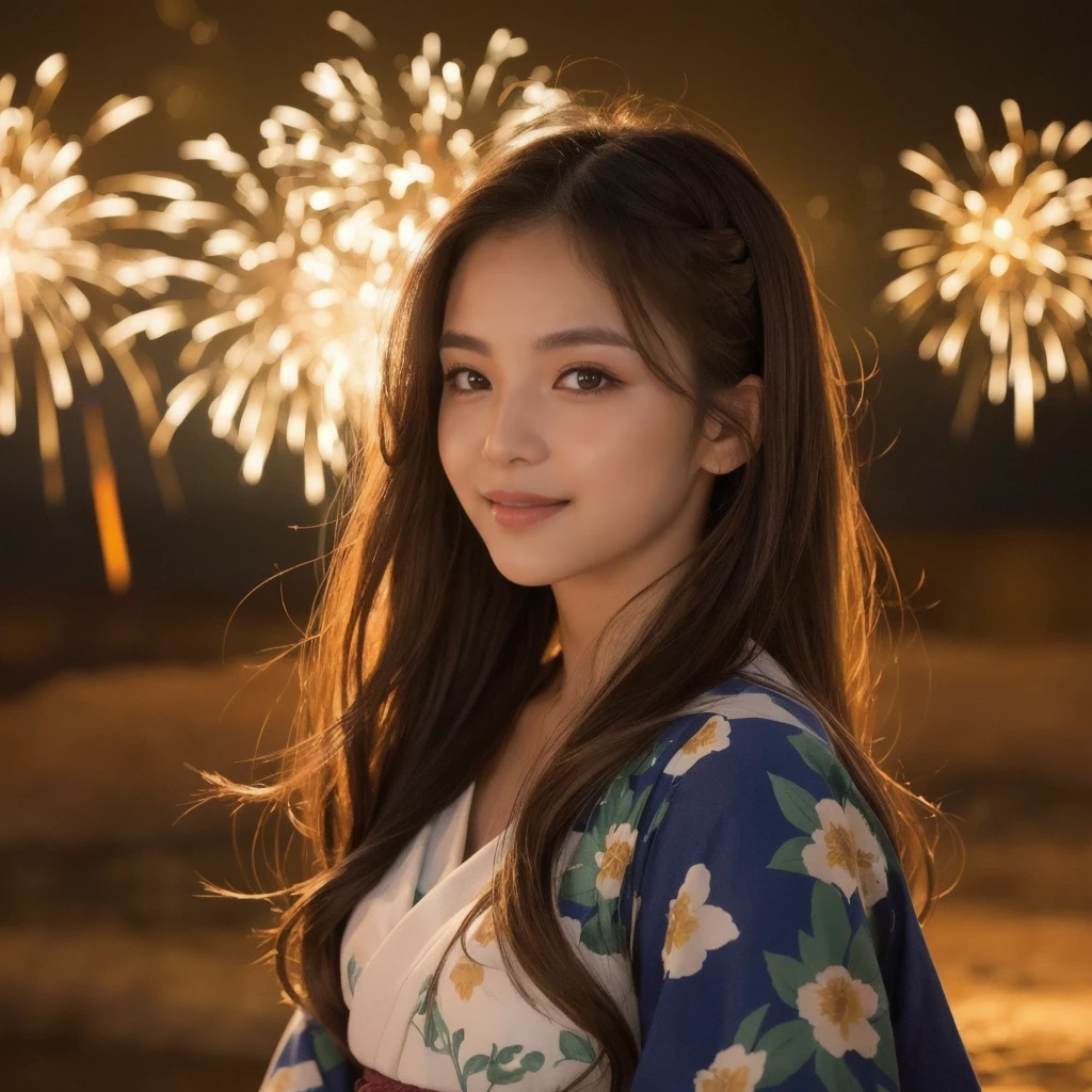 (“solo” Detailed and realistic portrait of a beautiful young Asian woman。She has long light brown hair and big light brown eyes. )A beautiful woman with her hair up, wearing a vibrant yukata, under the night sky. The light from the sparkler softly illuminates her face, highlighting her charming smile. The background exudes the quiet ambiance of a summer night, with distant fireworks audible in the distance.